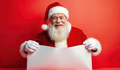 Naklejka premium portrait of a cheerful old man Santa Claus on the Christmas in white gloves He with piece of white paper on a red background