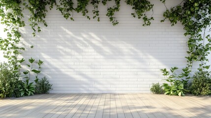 Sunlit White Brick Wall with Green Foliage and Wooden Floor in a Minimalist Outdoor Setting