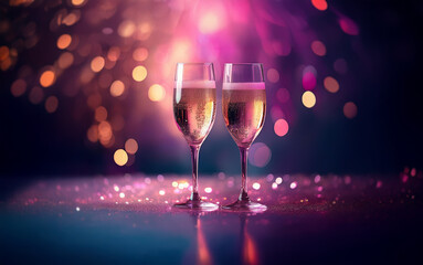 Two champagne flutes filled with sparkling wine stand on a table with shimmering sequins. The background is blurred with twinkling lights.