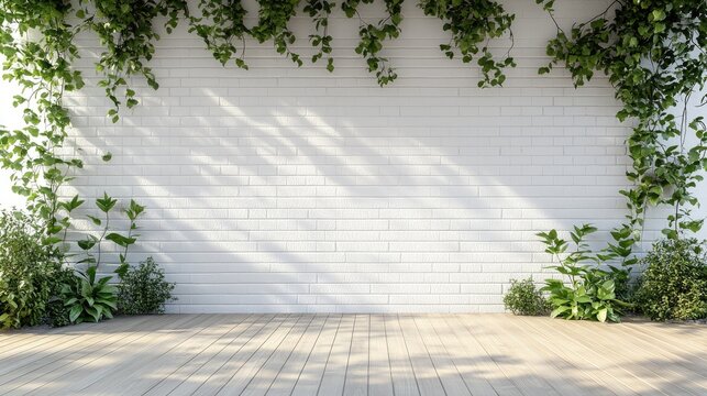 Sunlit White Brick Wall with Green Foliage and Wooden Floor in a Minimalist Outdoor Setting