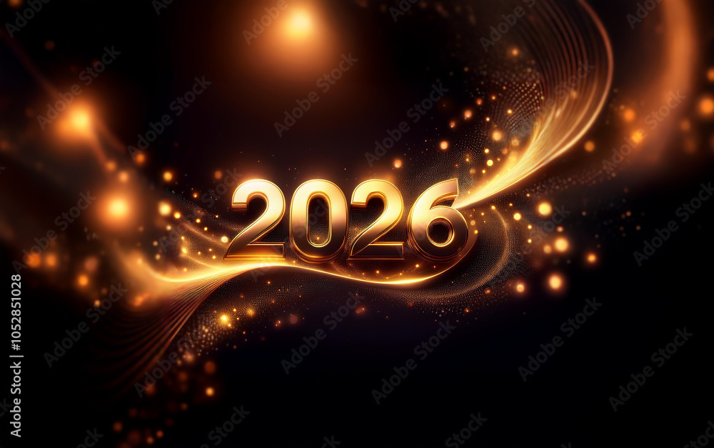 Poster the year 2026 is shown in gold with a glowing and shimmering background, representing the new year a