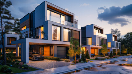 Luxury modern condo apartment complex exterior in upscale expensive neighborhood