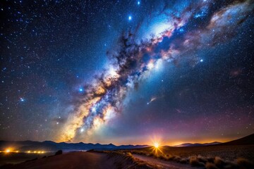 Naklejka premium Stunning Milky Way Galaxy Over Atacama Desert - Bokeh Effect, Deep Space View, Night Sky, Astrophotography, Chile's Clearest Skies, Cosmic Wonders, Star Trails, Celestial Beauty, Astronomy Photography