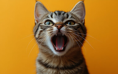 Adorable Cat Portrait: Screaming Expression on Yellow