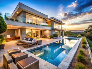Fototapeta premium Stunning Panoramic View of a Modern Home with Swimming Pool Surrounded by Lush Landscaping and Outdoor Living Spaces, Ideal for Luxury Real Estate and Vacation Inspiration