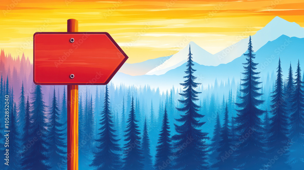 Poster a red sign pointing to the right is standing in front of a forest. the sign is surrounded by trees a