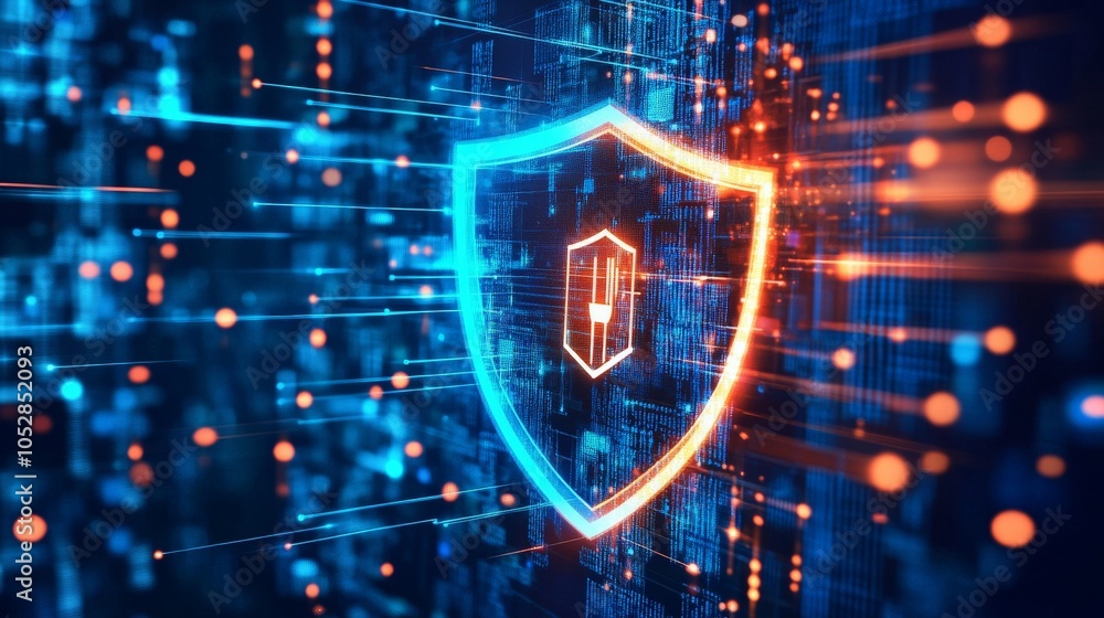 Poster a phishing attempt being blocked by a robust cybersecurity system, with a shield icon protecting sen