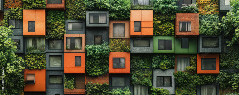Poster a building with many windows and a green wall. the building is made of many different colored blocks