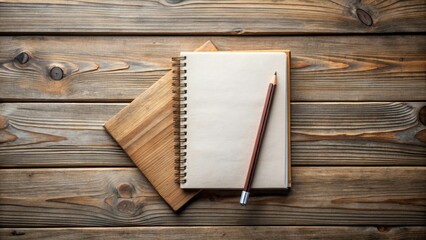 Fototapeta premium Stylish Notebook and Pencil on Rustic Wooden Surface - Aesthetic Flat Lay for Creative Inspiration, Minimalist Design, Office Supplies, Workstation Decor, Writing Essentials