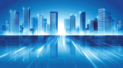 Obraz premium A city skyline is reflected in a body of water. The city is lit up with bright lights, creating a sense of energy and excitement. The reflection of the city in the water adds a sense of depth