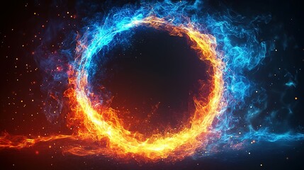 Fototapeta premium Circular Flames of Fire and Ice on Black Background
