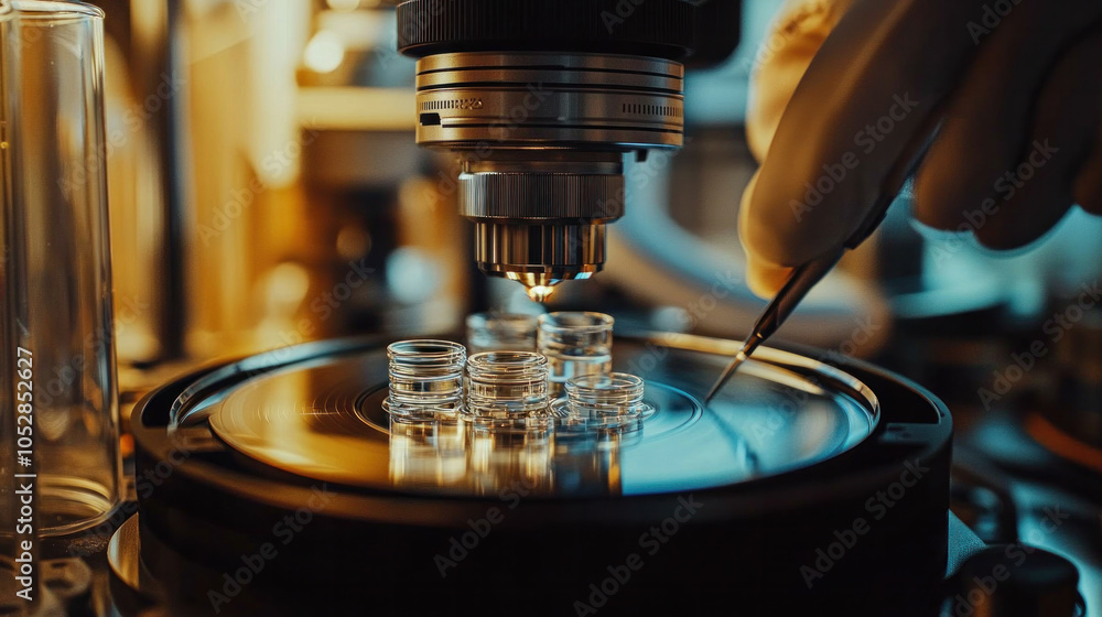 Poster a scientist is using a microscope to examine a small object. concept of curiosity and scientific exp