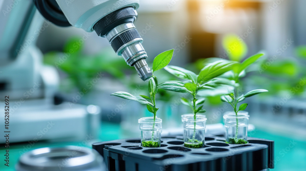Poster a robot is tending to three small plants in a tray. the plants are in small containers and are being