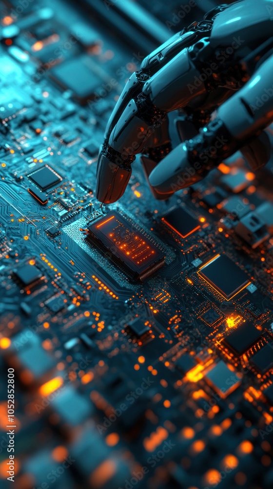 Poster a robot hand is touching a computer chip. the image is a close up of a computer chip with a robot ha