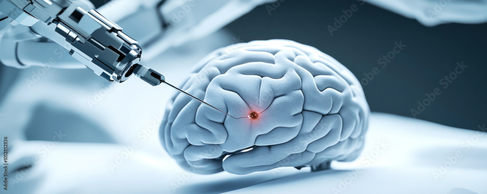 Poster a robot is using a syringe to inject a brain. the brain is white and has a red spot. the robot is in