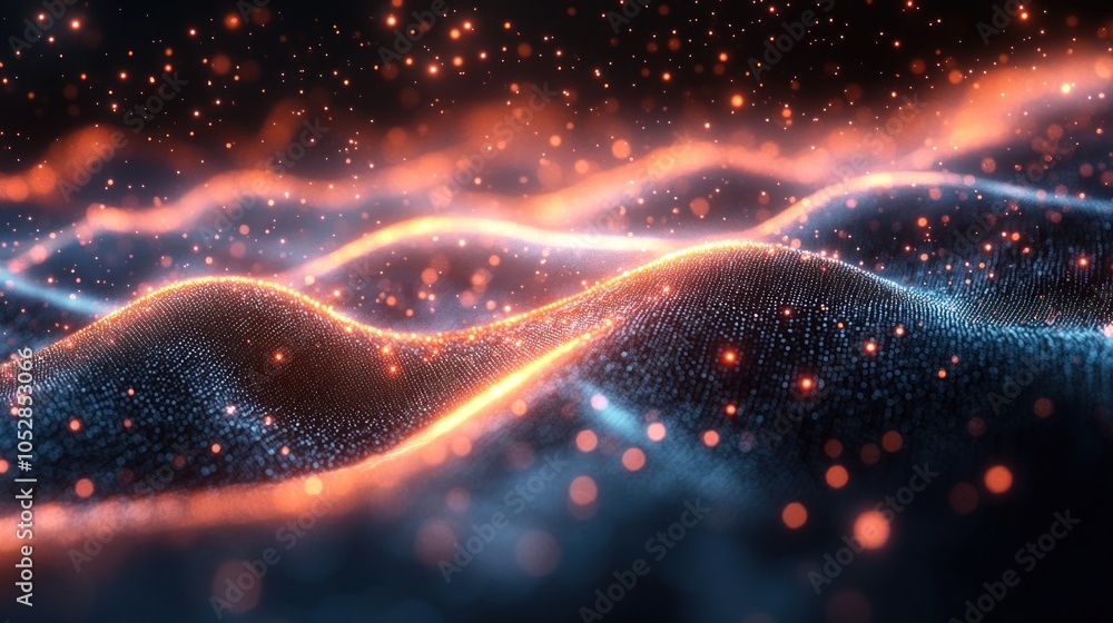 Poster abstract glowing waves with particles in a digital environment.
