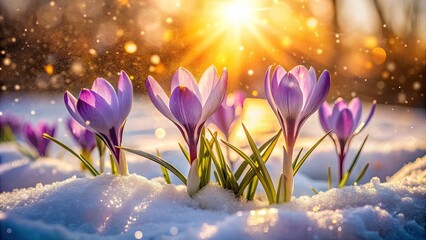 Surreal Early Spring Crocuses Emerging Through Snow in Warm Sunlight - Symbolizing Rebirth and New Beginnings