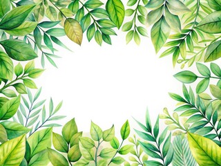 Obraz premium Surreal Green Watercolor Leaves Frame on White Background with Copy Space for Artistic Designs