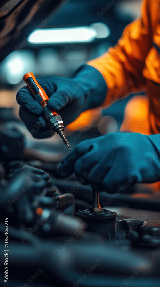 Poster a mechanic is working on a car engine, using a tool to tighten a bolt. concept of focus and determin