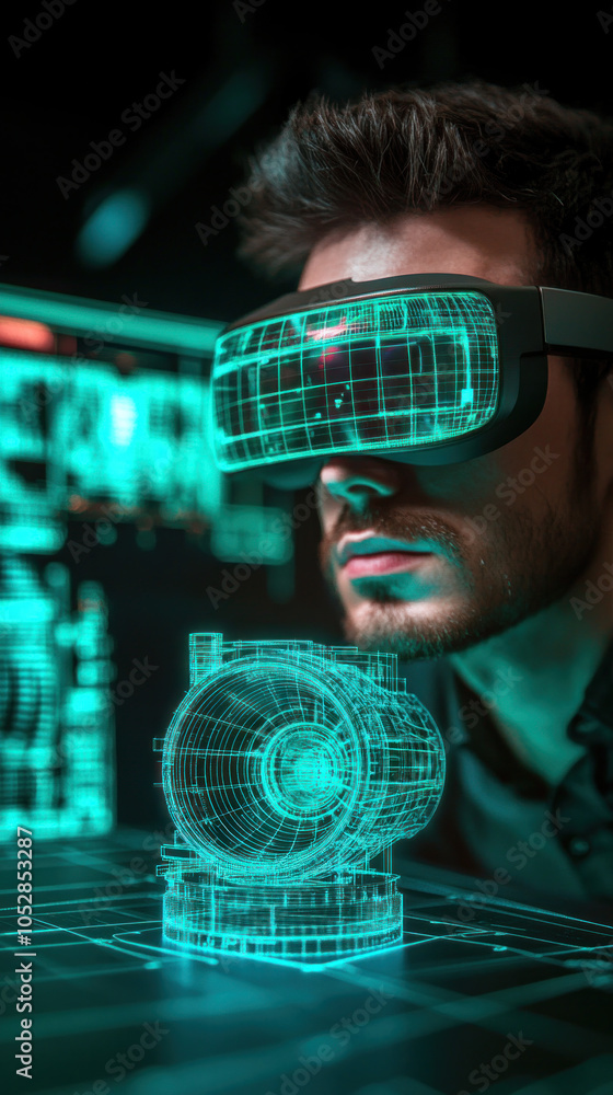 Poster a man is wearing a virtual reality headset and looking at a 3d model of a machine. concept of wonder
