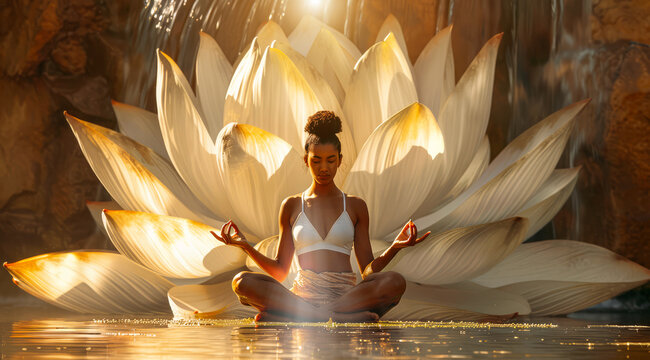 Spiritual yoga meditation in front of lotus flower by attractive young woman