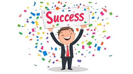 A cheerful businessman cartoon character is celebrating his achievements with colorful confetti, proudly holding a sign that reads "Success." This illustration represents triumph in the professional 