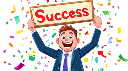 A cheerful businessman cartoon character is celebrating his achievements with colorful confetti, proudly holding a sign that reads "Success." This illustration represents triumph in the professional 