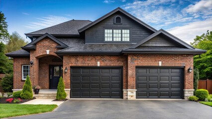 Large brick house with a black garage door , home, residential, architecture, brick, garage, door, black, exterior