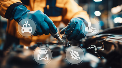 Automotive Repair and Maintenance Concept: A mechanic meticulously works on a car engine, showcasing expert skills in vehicle maintenance and repair within a workshop environment.