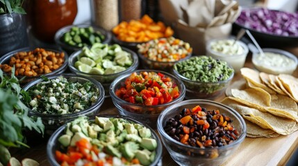 Obraz premium A plant-based taco bar with an array of fillings such as grilled veggies, beans, guacamole, and vegan sour cream, perfect for a party.