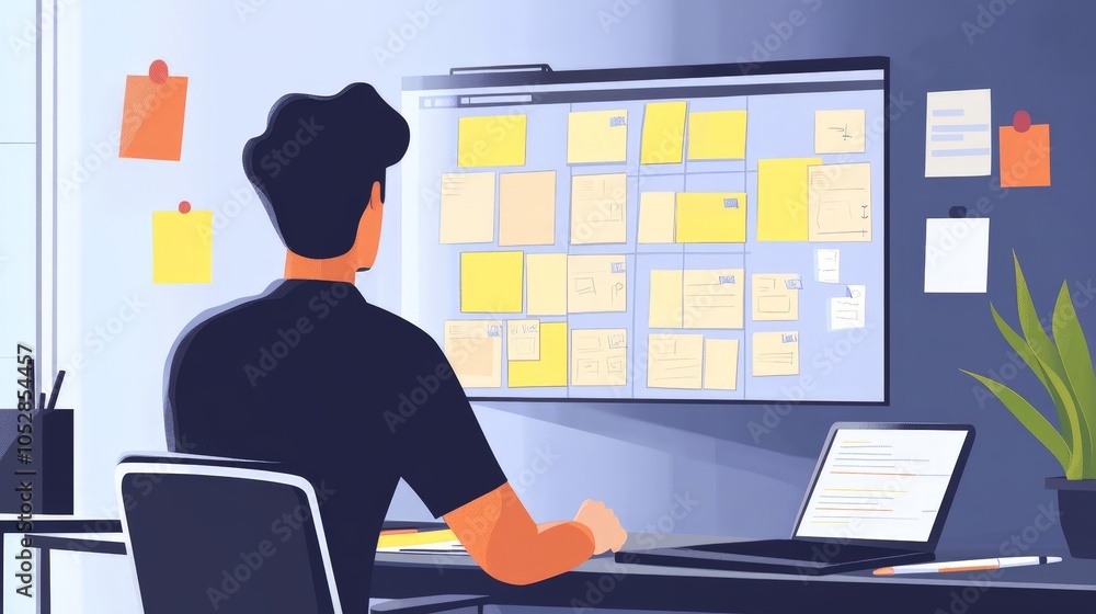Poster a project manager using a kanban board to track project tasks, ensuring that the team meets deadline