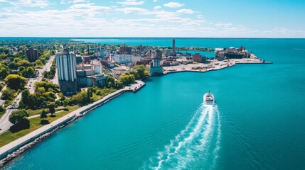 Obraz premium Scenic Industrial Waterfront with Passing Boats