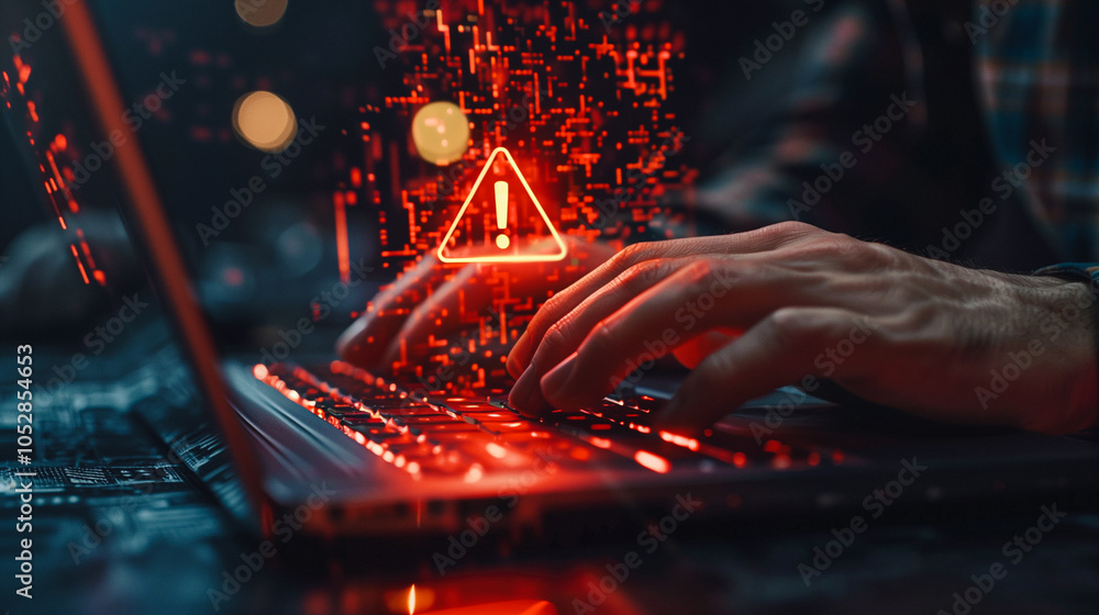 Poster cybersecurity threat detection concept: hands typing on a laptop with a warning symbol, illustrating