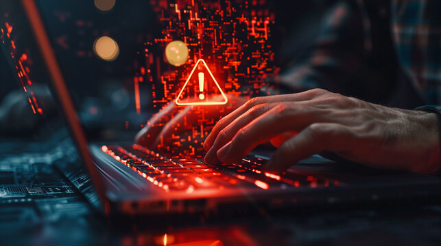 Cybersecurity Threat Detection Concept: Hands typing on a laptop with a warning symbol, illustrating the urgent management of cyber threats in a digital workspace.