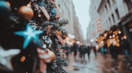 Obraz premium Night shot of a Christmas tree decorated in patriotic colors with American flags and lights