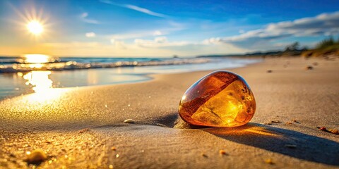 Amber shining on a sandy beach in the Baltic Sea , amber, beach, Baltic Sea, gemstone, sunlight, shore, Baltic coast