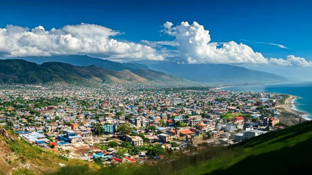 A panoramic view of Port-au-Prince, Haiti, with mountains in the background and the ocean in the foreground