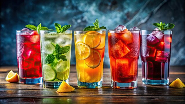 Colorful cold drinks with ice cubes in glasses, perfect for cooling off in summer , beverages, refreshment