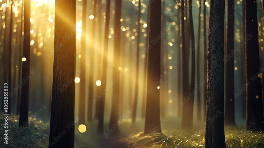 Aufkleber sunlight streams through the trees in a dense forest, creating a magical atmosphere