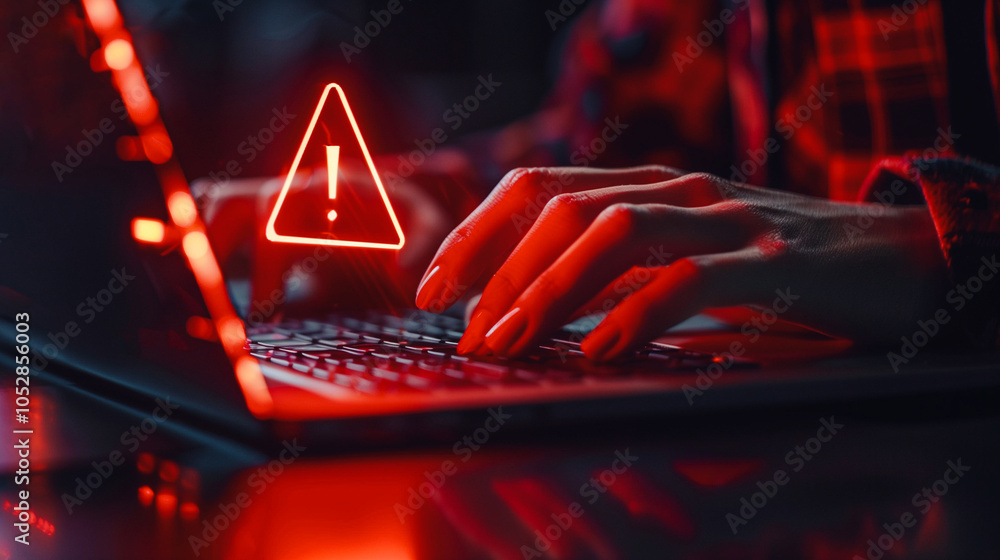 Poster cybersecurity alert concept: a person interacts with a laptop that displays a cybersecurity alert, e