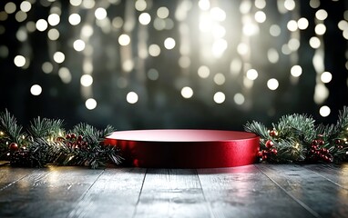 A festive red display podium surrounded by greenery, illuminated by shimmering lights, creating a warm holiday ambiance.