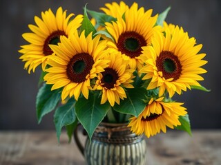 A beautiful bouquet of vibrant sunflowers in full bloom, arranged in a rustic vase, rustic, bloom