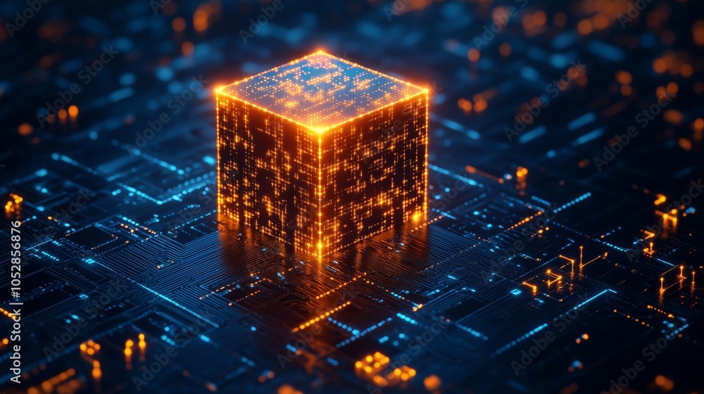Poster abstract futuristic technology background with glowing puzzle pieces forming an illuminated cube on 