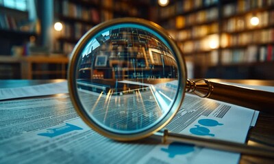 A magnifying glass on a document with blurred library background, symbolizing research and discovery.