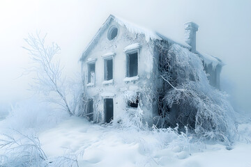 Abandoned building under winter’s snow, hidden in layers of frost and serene stillness
