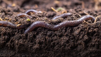 Earthworms enhancing soil fertility. Earthworms wriggling through rich organic soil, enhancing soil fertility and structure, crucial for eco-friendly agriculture and sustainable farming practices.