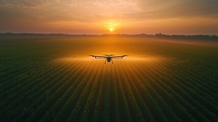 Drone spraying field at sunset in precision farming. Agricultural drone sprays crops in a large field at sunset, symbolizing the integration of technology and sustainability in modern farming.