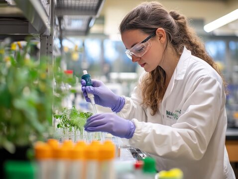 A researcher studying bio-based materials that decompose naturally, creating solutions for plastic waste in a biotech lab.