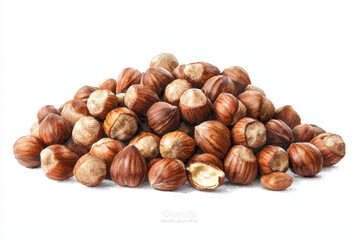 Fototapeta premium A neat pile of hazelnuts displayed against a white background, highlighting their brown, textured shells and varying shapes.