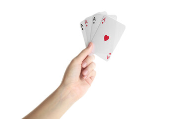 Obraz premium Poker game. Woman with playing cards on white background, closeup
